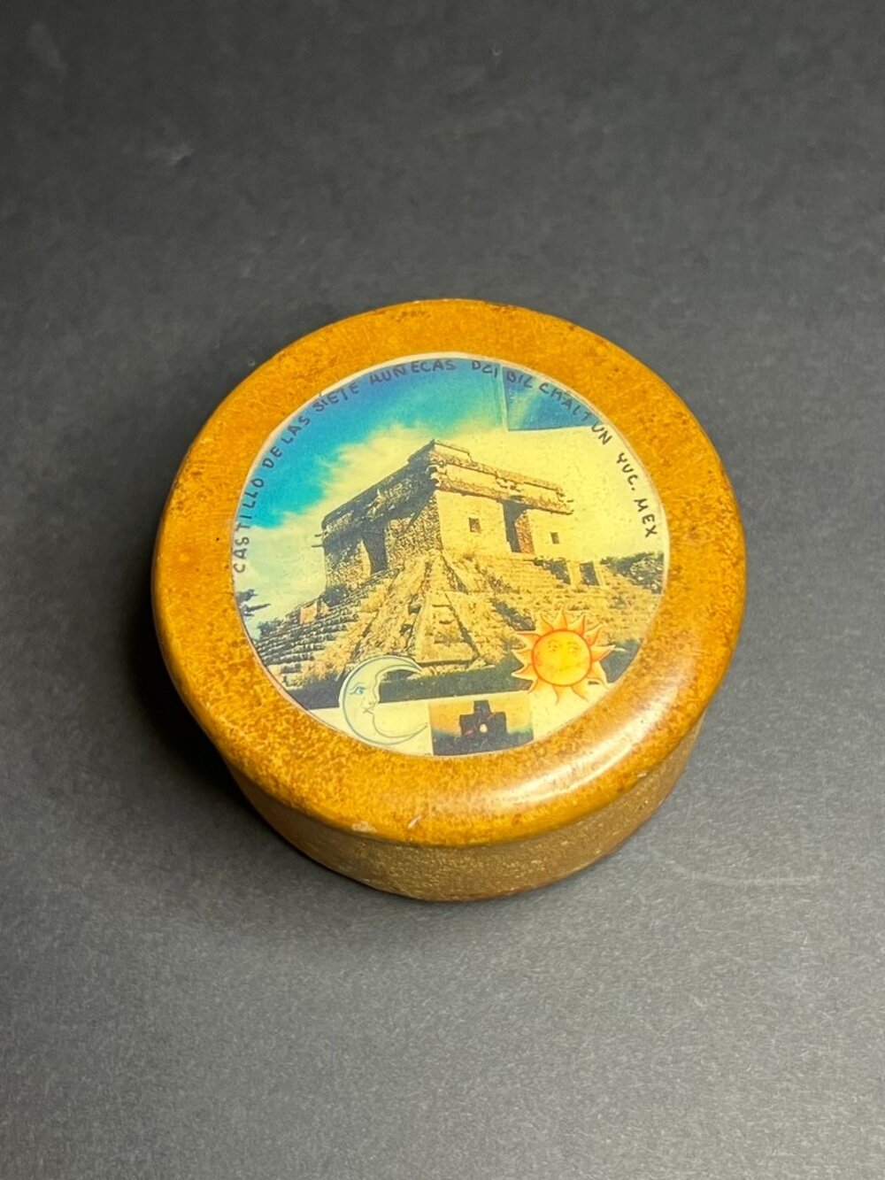 Vintage Round Natural Stone Castillo De Las Siete Munecas Mexican Trinket Box